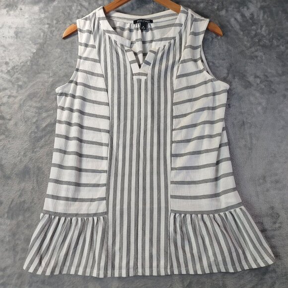 Roz & Ali Womens Sleeveless Tunic Top M White‎ Gray Striped Pintuck Peplum Hem - Picture 1 of 10